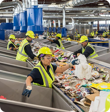 Workers processing recovered material
